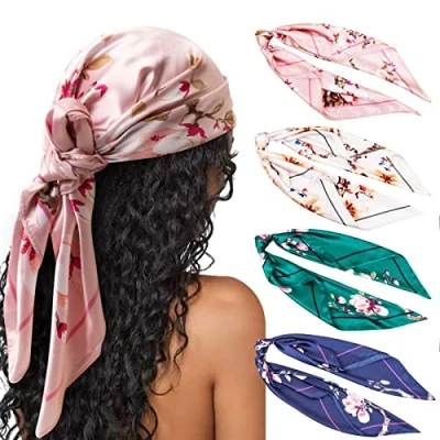Bild av DRESHOW 4 Styck Square Satin Headscarves Hårtorkar Silk Accessories Classic Patterned Beach Bandanas för Kvinnor