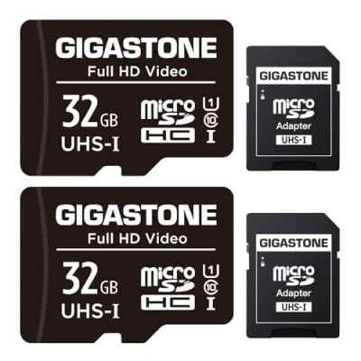 Bild av Gigastone 32 GB minneskort set med 2 kort, läshastighet upp till 90 MB/s. idealisk för Full HD Video Gopro Tablet Drone Camera, U1 Micro SDHC kort minifodral och SD adapter.