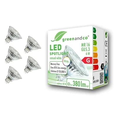 Bild av 5x greenandco CRI 90+ 4000K 36 LED spot ersätter 40W GU5.3 MR16 halogenstrålkastare, 6W 380lm neutralvit 12V AC/DC, flimmerfri, inte dimbar