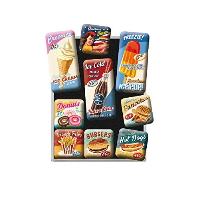 Bild av Nostalgic Art Kylskåpsmagneter i retrostil, American diner Presentidé för älskare, Magnetset magnettavlor, Deko vintagedesign, 9 stycken