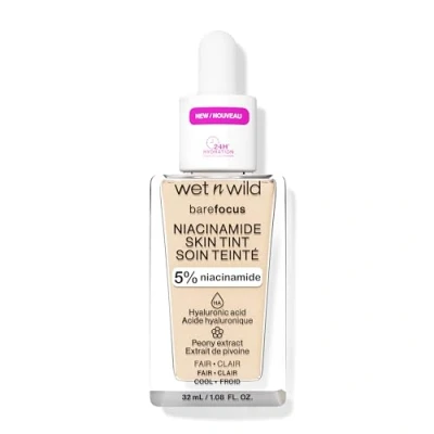 Bild av Wet n Wild Bare Focus Niacinamide Skin Tint, Lätt Foundation med en Byggbar Formula, Berikad Hyaluronsyra och Vitamin E för Upplysande Look, Fair