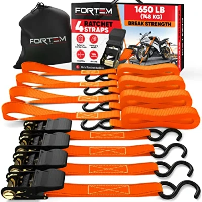 Bild av FORTEM Spännremmar, 748 kg Bromsstyrka, 4 st 4,57 m Spännband set, Mjuka Öglor, Motorcykelremmar, Lastremmar för Lastbil, Gummihandtag, Belagda Metallkrokar, Bärväska (Orange)