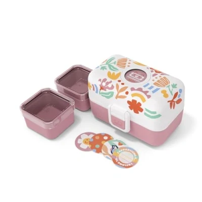 Bild av MONBENTO Lunchlåda för barn Tresor grafiskt papper lunchlådan med 3 fack perfekt måltid och mellanmål i skolan/picknick BPA fri anpassningsbar säker rosa blommönster