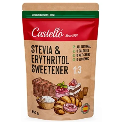 Bild av Sötningsmedel Stevia + Erytritol 1:3 1g = 3g socker 100% Naturligt Sockerersättning 0 Kalorier Glykemiskt Index Keto och Paleo Kolhydrater Ej GMO Castello since 1907 850 g