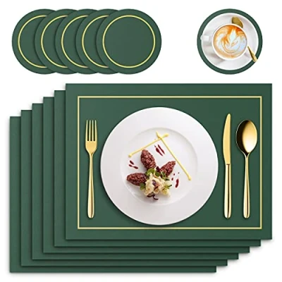 Bild av RIWNNI Set med 6 PU läder, st bordstabletter och delar, underlägg, tvättbar halkfri vattentät, värmebeständig rektangulär bordsskiva, 41 x 31 cm (grön)