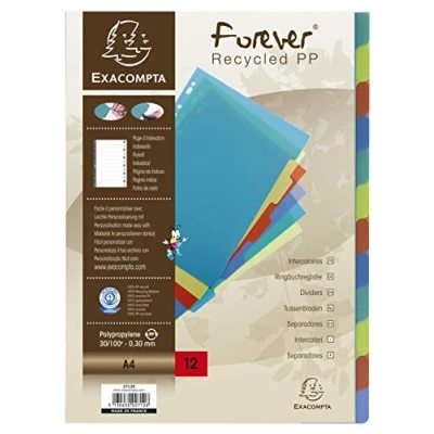 Bild av Exacompta Ref 2712E Genomskinliga avdelare i återvunnen polypropylen med 12 neutrala flikar Utskrivbar indexsida A4 arkiveringsformat Assorterade färger
