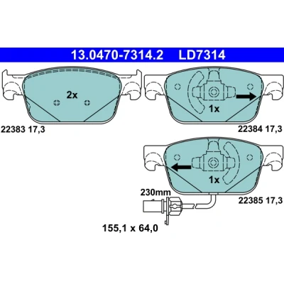 Bild av ATE 13.0470 7314.2 Jeu de plaquettes frein avec contact du palpeur d&#039;usure intégré AUDI: A4 B9 Berline, Avant, A5 Sportback