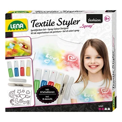 Bild av Lena 42597 pysselset textilstyler spray, komplett set med 4 sprayfärger, 1 glitterfärg att utsmycka, 8 stenciler och konturpennor, textildesignset för barn från år, textilsprayfärg