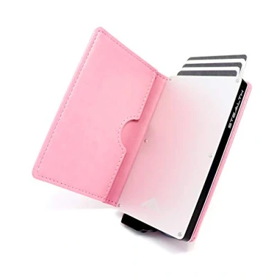 Bild av STEALTH Wallet RFID Korthållare Minimalistiska NFC Blockerande Pop up Plånböcker med Presentförpackning Smala lätta Metallkorthållare och Kontaktlöst Skydd (Silver Aluminium Rosa Läder)