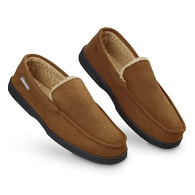 Bild av Dunlop Mockasins tofflor män Moccasin loafers faux fårskinns med gummisula Classic Memory Foam Plush House Andningsbara utomhusskor inomhus, 10 Storbritannien, Brun