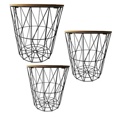Bild av Cepewa Sidobord, uppsättning med 3 soffbord i industriell design, tillverkade av metall träbordsskivor, diameter 29 cm, 34 39,5 cm (ljusa bordsskivor)