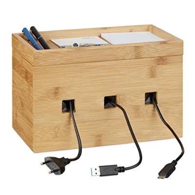 Bild av Relaxdays Kabelbox bambu, multi laddningsstation trä, kabelhantering skrivbord, H x B D: 16,5 25,5 14 cm, natur