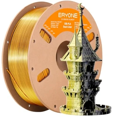 Bild av Eryone Dubbelfärgat PLA filament i silke, 3D skrivare, 1,75 mm, 0,03 samextrudering, glänsande filament, 1 kg, svart och guld