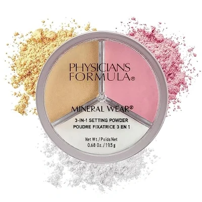 Bild av Physicians Formula Mineral Wear 3 in 1 Setting Powder, Genomskinligt Fixeringspuder för Smink, i att Fixera, Ljusa Upp och Skapa Konturer, Felfri Finish