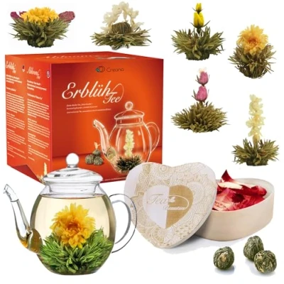 Bild av Creano Presentset blommande te i en hjärtformad trälåda 6 typer av grönt inkl. tekanna glas 500 ml, present till kvinnor, mamma, teälskare vitt