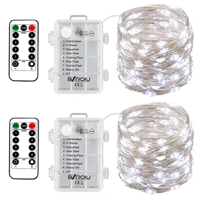 Bild av BXROIU 2 x Battery Operated String Lights Silver Wire 8 Modes Chains 5m 50 LEDs Timer with Remote Control for Bedroom Christmas Party Wedding Decoration (Cool White)