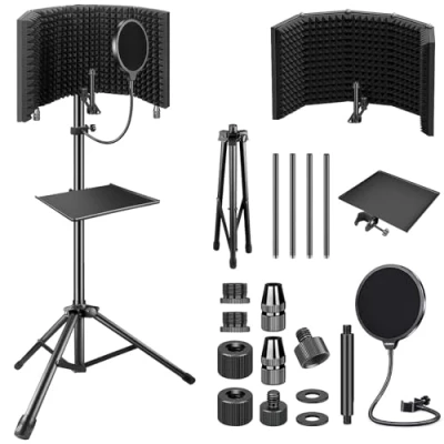 Bild av Aokeo Studio inspelningsmikrofon, isoleringsskydd med popfilter och stativstativ, hög densitet absorberande skum för att filtrera sång, vikbart ljudskydd Blue Yeti kondensatormikrofoner