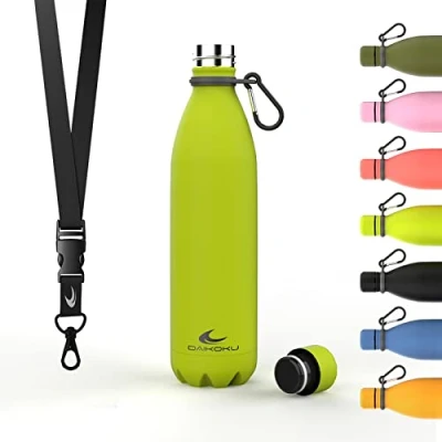Bild av Daikoku Stainless Steel Bottle + Justerbart band karbinhake, BPA Free Double Walled Thermos, återanvändbar vattenflaska, lufttät lock, färg Fluor Green, kapacitet 750 ML