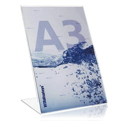 Bild av VITAdisplays® reklamtillverkare L tillverkare/L stativ i hög format, bordshållare från original PLEXIGLAS® Enkelpack DIN A3 transparent