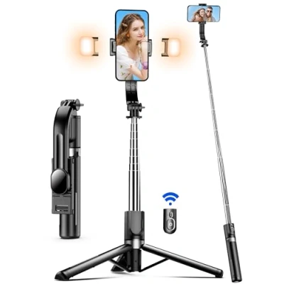 Bild av Selfie Stick med förbättrat stativ, Tripod 2 fyllningsljus, extra lång 115cm Mobiltelefonstativ avtagbar fjärrkontroll, kompatibel iPhone Samsung etc, Action Camera GoPro