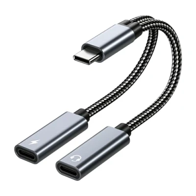Bild av Dubbel USB C splitter Hörlursadapter och Laddning från MMOBIEL 32 Bit / 60W 2 i 1 till Mikrofon Ljudadapter med Snabbladdning för iPhone 16 15, iPad Air/Pro, Galaxy S24 S23 S22