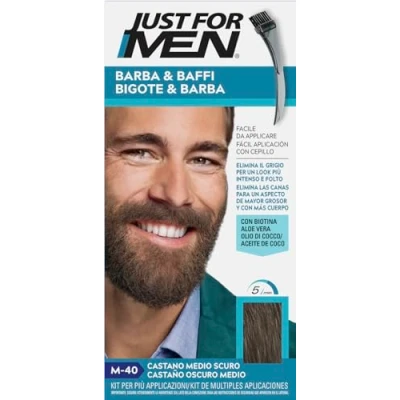 Bild av Just For Men Skägg och mustasch, skäggfärg för män, färgning utan ammoniak, avlägsnar grått hår, med applikatorkam, mörkbrun färg, M40