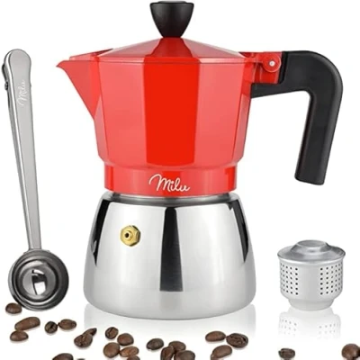 Bild av Milu espressobryggare lämplig för induktion 3, 6, 9 koppar aluminium mockakanna, espressokanna, set i rostfritt stål, inklusive sked, borste (röd, 3 (150 ml)