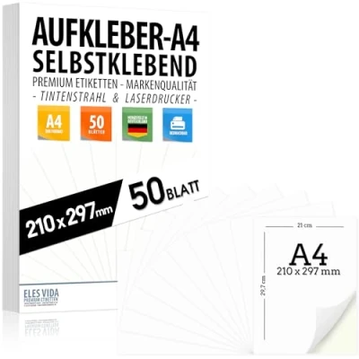 Bild av Självhäftande DIN A4 etiketter, 50 stycken, 210 x 297 mm, universellt tryckbar, matt vit yta, kompatibel med bläckstråleskrivare, klistermärken för mångsidiga användningsområden tillverkade i