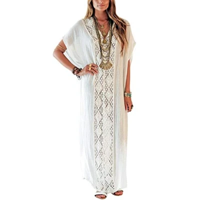 Bild av YouKD lång kaftan för kvinnor, maxi, bohemisk klänning stranden, täckande, roomy, kimono, en storlek, loungewear, Vit 2, One Size Stor