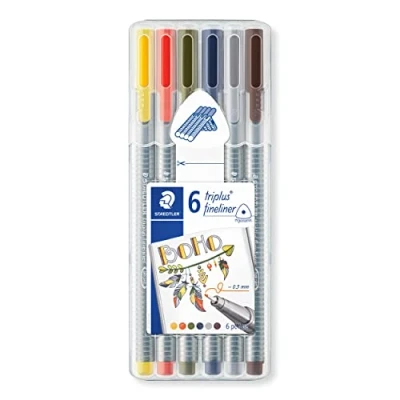 Bild av Staedtler fineliner triplus, my colours set boho, ergonomisk triangelskaft, superfin 0,3 mm spets, lång livslängd, 6 i boho toner en justerbar låda, 334SB6CS13