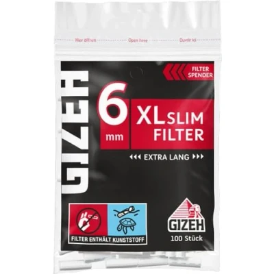 Bild av GIZEH Svart XL smalt filter med 6 mm diameter självhäftande yta för bättre grepp 20 pack á 100 smala 19 längd i återförslutningsbar påse