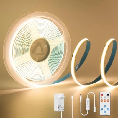 Bild av PAUTIX COB LED remsa varmvit 2700K, 3 m 1440LEDs 24 V CRI90+ dimbar ljusbandssats med RF fjärrkontroll och strömförsörjning för spegel, tak, kök, garderob, garderob