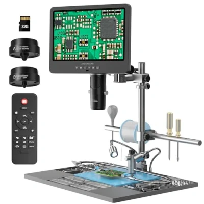 Bild av Andonstar AD249S M Plus 10,1 tum HDMI lödning digitalt mikroskop för elektronikreparation, 2000 x 3 objektiv 2160P UHD videoinspelning, lödmikroskopstation med hjälpande händer, bildbilder, 32 GB kort