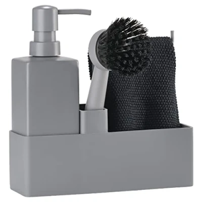 Bild av Zone Denmark diskmaskinset, diskmaskinshållare med tvål /diskmedelsdispenser, disktrasa och diskborste, 19 x 6 20,5 cm, set om 4 delar, grå