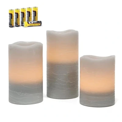 Bild av Rhytsing 3 flimrande flamlösa blockljus led med timer, realistiska batteridrivna ljus grått rustik design varmt vit ljus, höjd 10/12,5/15 cm, batterier ingår