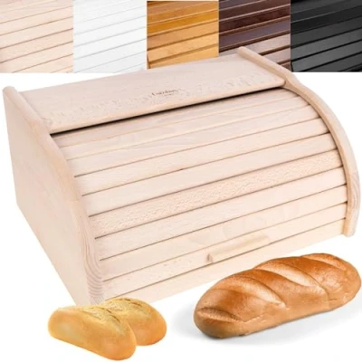 Bild av Creative Home Brödkorg av Trä 38 x 28,5 17,5 cm (+/ 1 cm) Naturligt Bokträ Behållare med Rulltopp Brödlåda för Varje Kök Perfekt Torrfoder