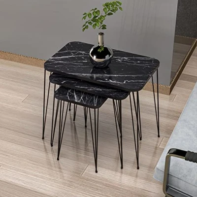 Bild av [en.casa] Sidobordsset, Rudkøbing, set om 3, svart marmorutseende, vardagsrumsbord med fyrkantig bordsskiva, hårnålar, metall, soffbord