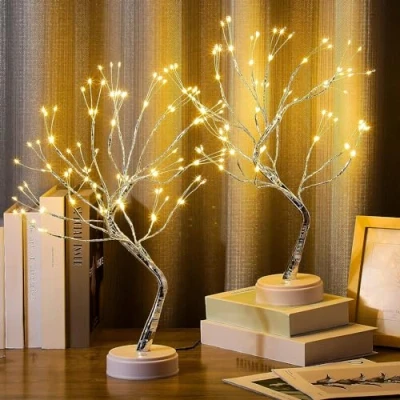 Bild av XhuangTech Bordsskiva Bonsai trädlampa med 108 LED koppartrådsljus, batteri/USB driven gör det själv konstgjord för sovrum skrivbord julfest (varm vit (2 pack))