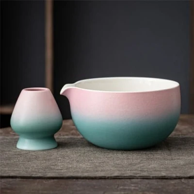 Bild av TEANAGOO Japansk Keramisk Matcha Skål med Visphållare, 530ml, K11, Lutning, Rosa Grön, Chawan Tea Bowl, Skål, Teskålar för Matcha, Bowl