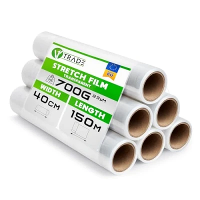 Bild av V1 Trade Stretchfolie transparent 6 rullar, 0,7 kg stretchfolierulle, 23 mikrometer omslagsfolie, handstretchfolie 100 m/40 cm förpackningsmaterial, folie för möbler