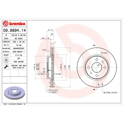 Bild av BREMBO 09.8894.14 Disque de frein 239 20 4 ventilé l&#039;intérieur avec vis/boulons LADA: Priora 3/5 portes, 112, Berline