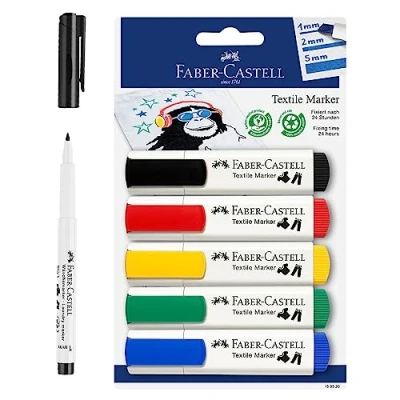 Bild av Faber Castell 205066 textilmärkpenna set för ljusa tyger, tygfärgpennor i 5 standardfärger och textilpenna svart