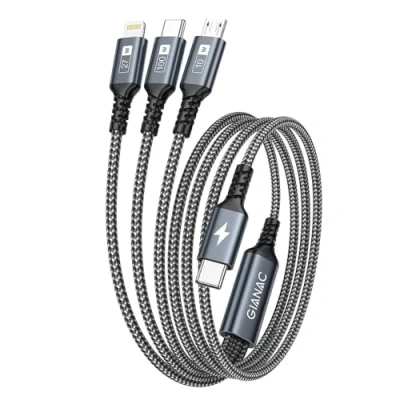 Bild av 100 W USB C till multikabel [1,2 m] snabbladdningskabel med E Mark Chip 3 i 1 laddningskabel [100 W] + Micro [10 Lightning[27W] för Galaxy S23/iPad Pro, iPad Mini, MacBook Pro/Air/iPhone 15 14 13