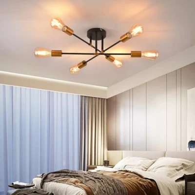Bild av ANWIO svart spindellampa med guldskruvar, 6 arm hängande lampa E27 lamphållare, lämplig för kök, vardagsrum, sovrum, matsal, korridor, lager (utan glödlampa)