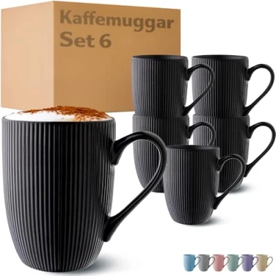 Bild av Cosumy Kaffemugg Set om 6 Kaffemuggar Svart Unikt randigt mönster Matt keramik Mikrovågsugnssäker Diskmaskinssäker &amp; bekvämt handtag