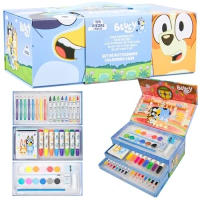 Bild av Bluey barn målning tillbehör set, 140 plus delar resa konst i fodral barngåvor (blå 3 nivåer)
