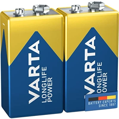 Bild av VARTA Longlife Power 9V Block 6LR61 alkaliskt E batteri (2 pack) tillverkat i Tyskland perfekt för brandlarm, rökdetektorer, tuners