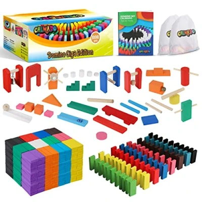 Bild av Calmado Domino spel 1 000 bitar av trä, leksaker från 3 år byggsatser för barn Giga Edition i en uppsättning + väska instruktioner tillbehör