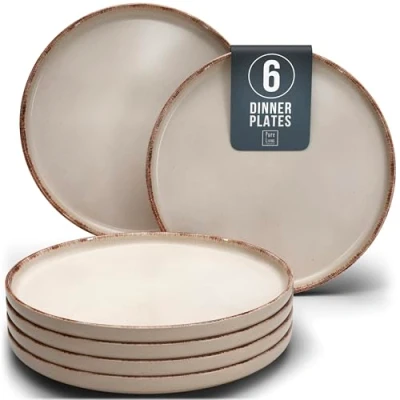 Bild av 6 stycken stengodstallrikar stora, Rustic moderna mattallrikar, diskmaskinssäkra snyggt tallriksset för personer i beige Pure Living porslinsset personer,