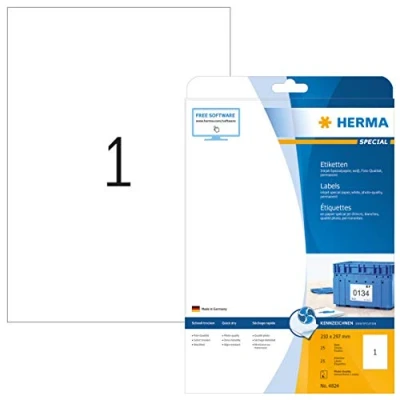 Bild av HERMA 4824 universella etiketter för bläckstråleskrivare A4 (210 x 297 mm, 25 ark, papper, matt) självhäftande, utskrivbara, permanenta adressetiketter, klistermärken, vit
